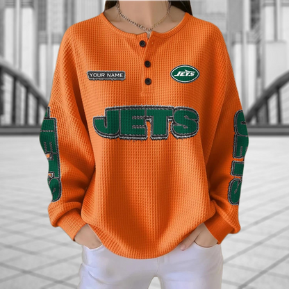 NYJ x NFL Personalized Waffle Knit Henley Sweatshirt 2005 DatND DVT