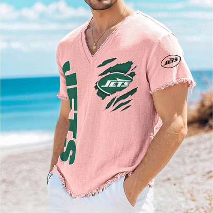 NYJ x NFL V-Neck Linen Beach Shirt 1905 DatND DVT
