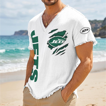 NYJ x NFL V-Neck Linen Beach Shirt 1905 DatND DVT