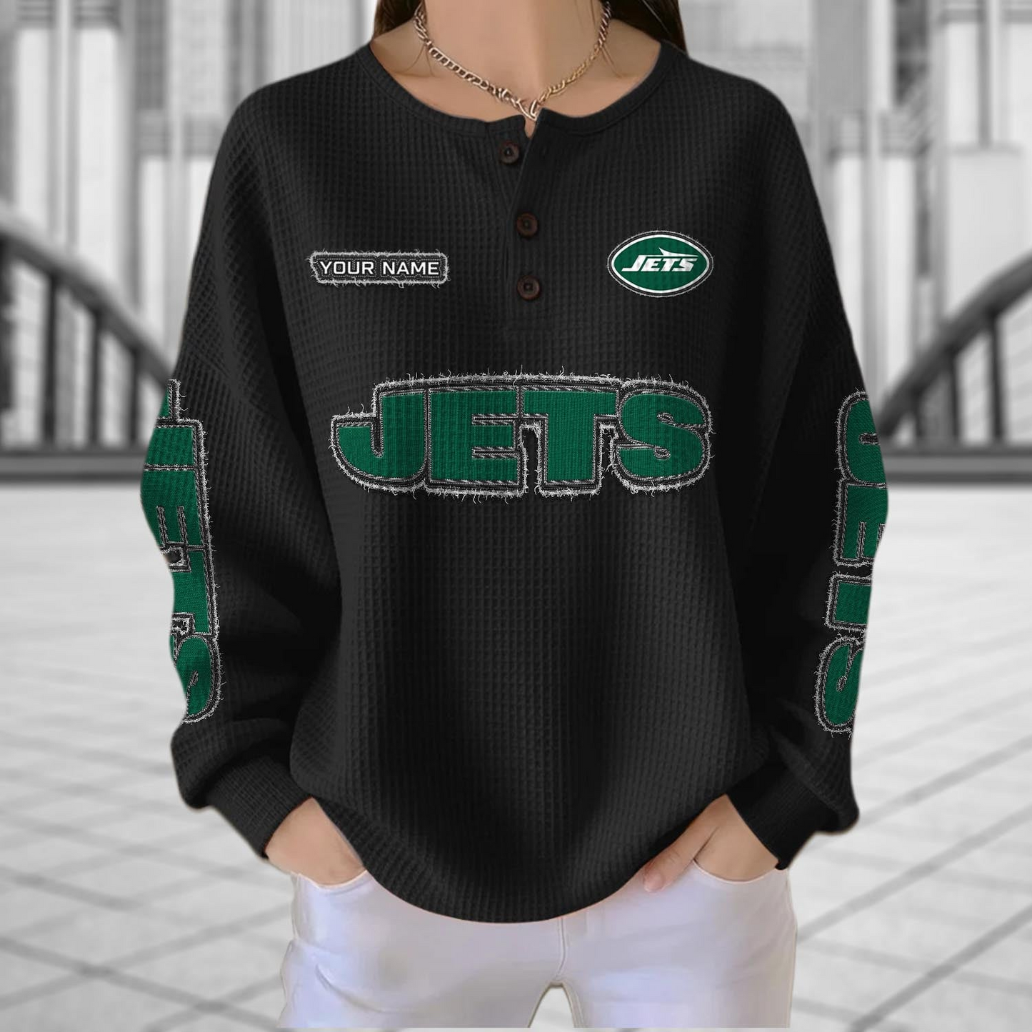 NYJ x NFL Personalized Waffle Knit Henley Sweatshirt 2005 DatND DVT