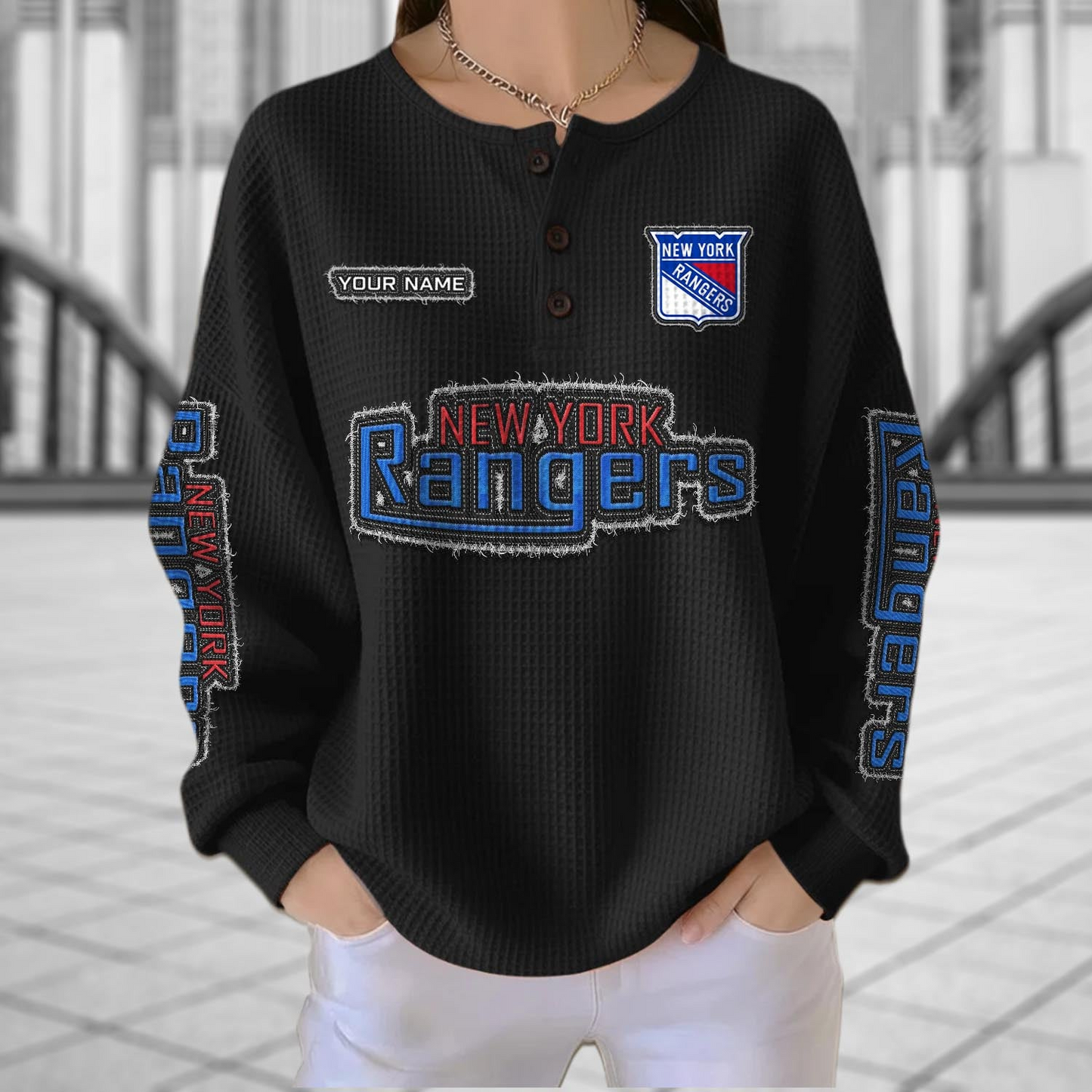 NYR x NHL Personalized Waffle Knit Henley Sweatshirt 2005 DatND DVT