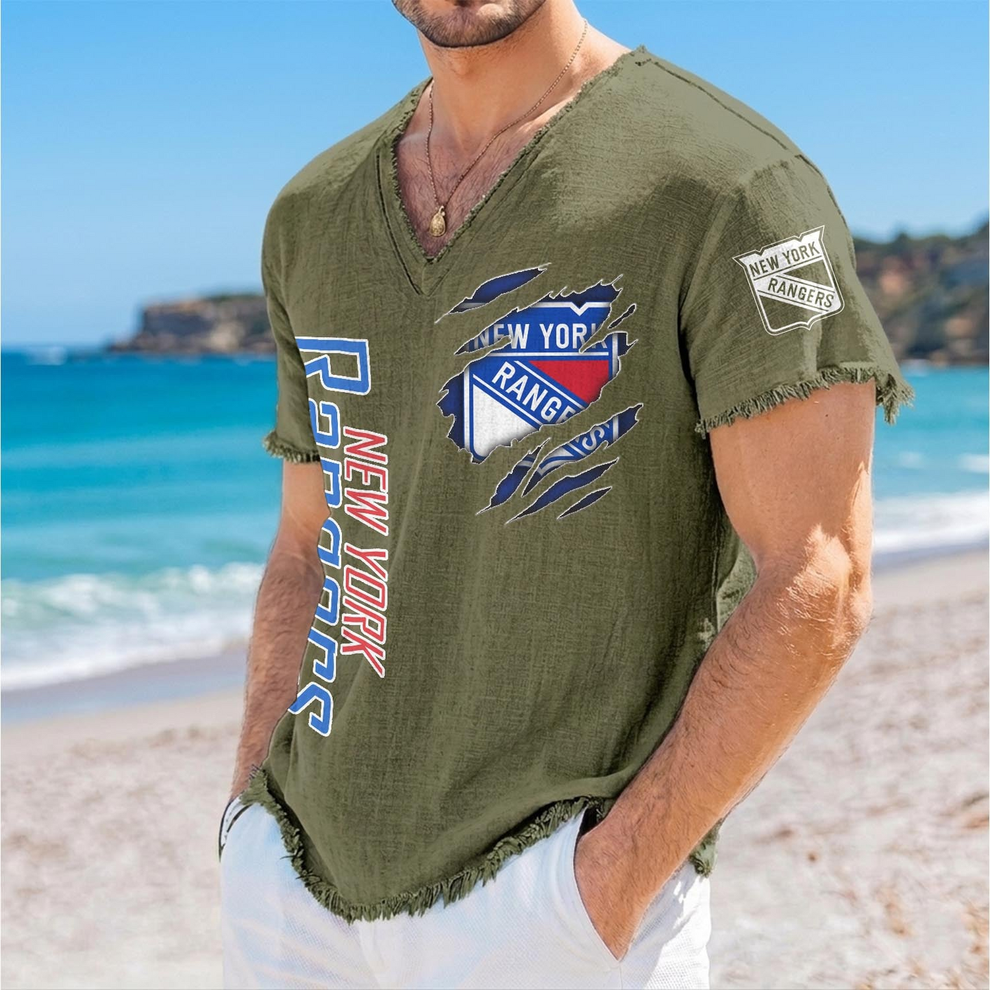 NYR x NHL V-Neck Linen Beach Shirt 1905 DatND DVT