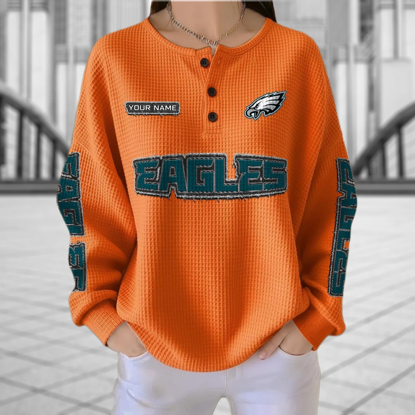 PHI x NFL Personalized Waffle Knit Henley Sweatshirt 2005 DatND DVT