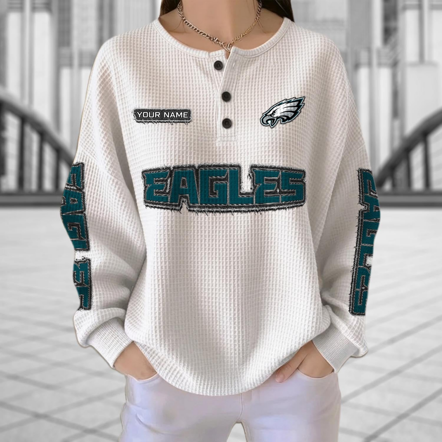 PHI x NFL Personalized Waffle Knit Henley Sweatshirt 2005 DatND DVT