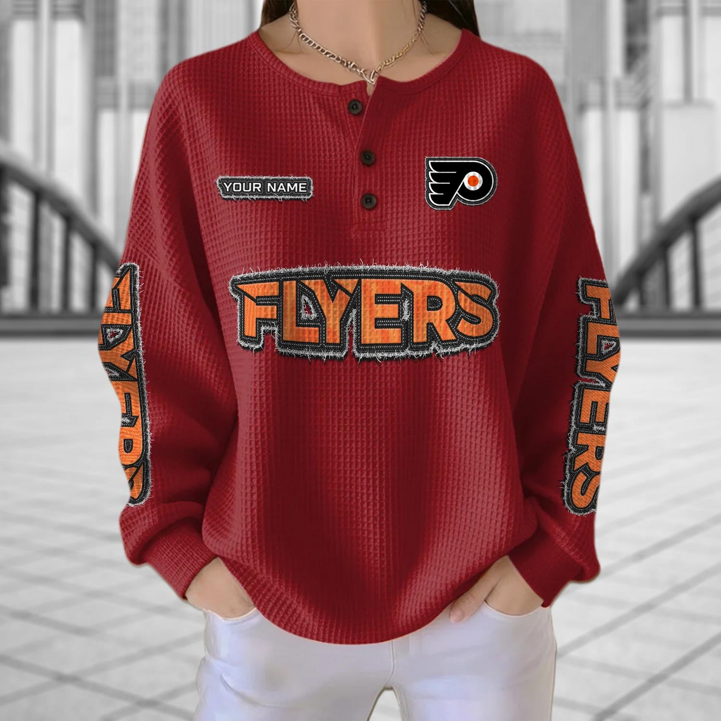 PHI x NHL Personalized Waffle Knit Henley Sweatshirt 2005 DatND DVT