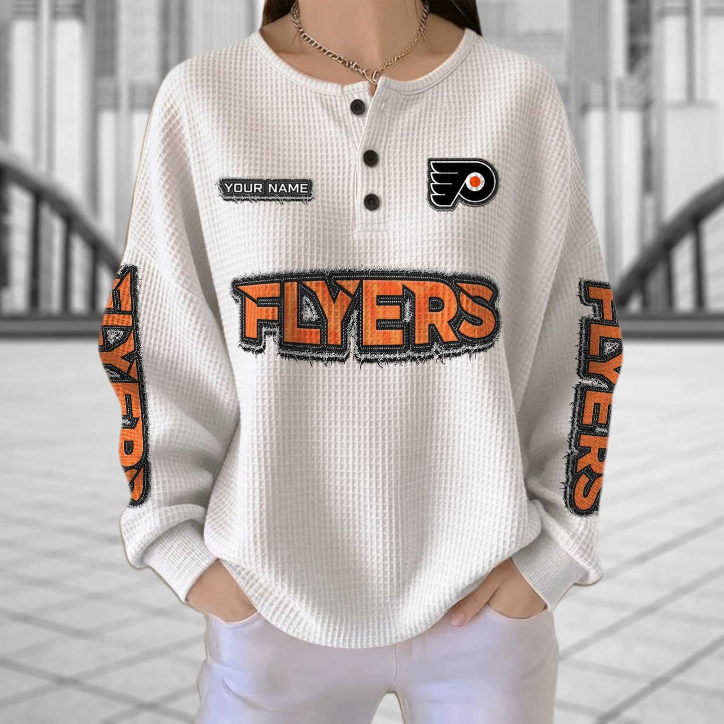 PHI x NHL Personalized Waffle Knit Henley Sweatshirt 2005 DatND DVT