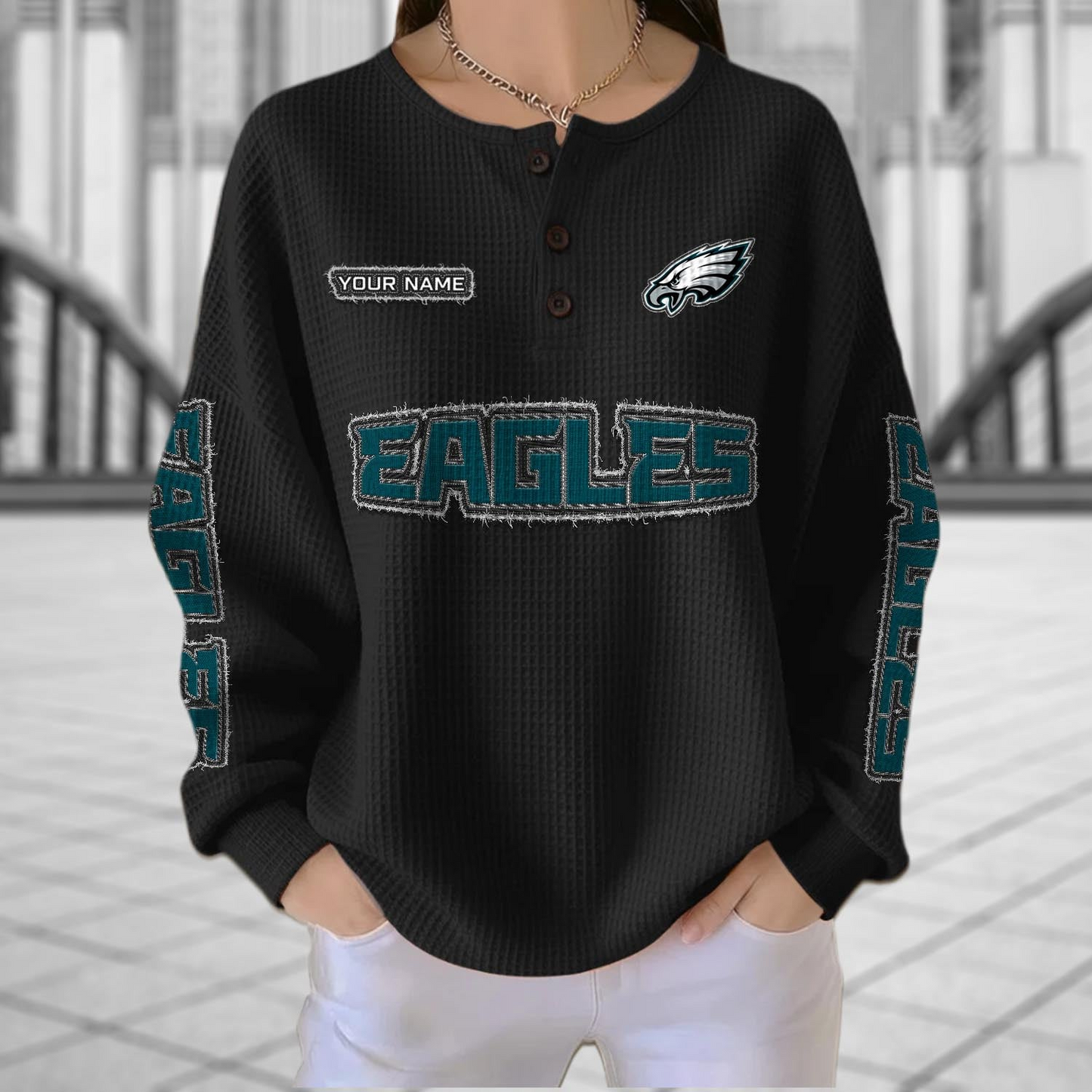 PHI x NFL Personalized Waffle Knit Henley Sweatshirt 2005 DatND DVT
