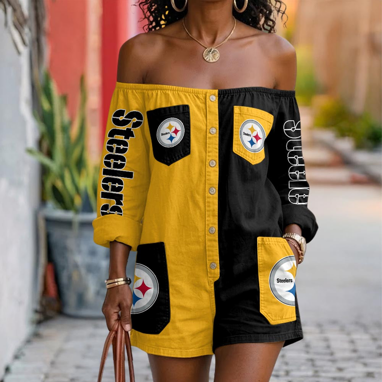 PIT x NFL Button-Front Off-Shoulder Dress DATND TANTD 060626