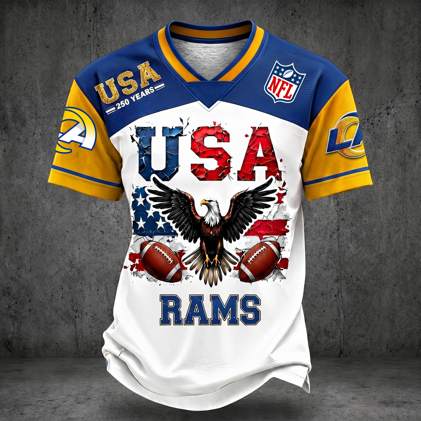 PREMIUM NFL x LAR 250TH Anniversary LUXURY V-Neck PATCHWORK T- Shirt 220626