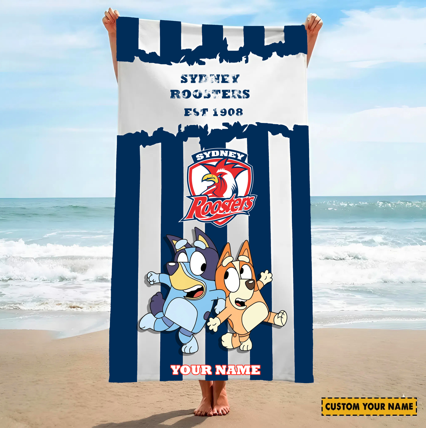 PREMIUM NRL X SR BLUEY&BINGO  Beach Towel Personalized NDT VHM 280326