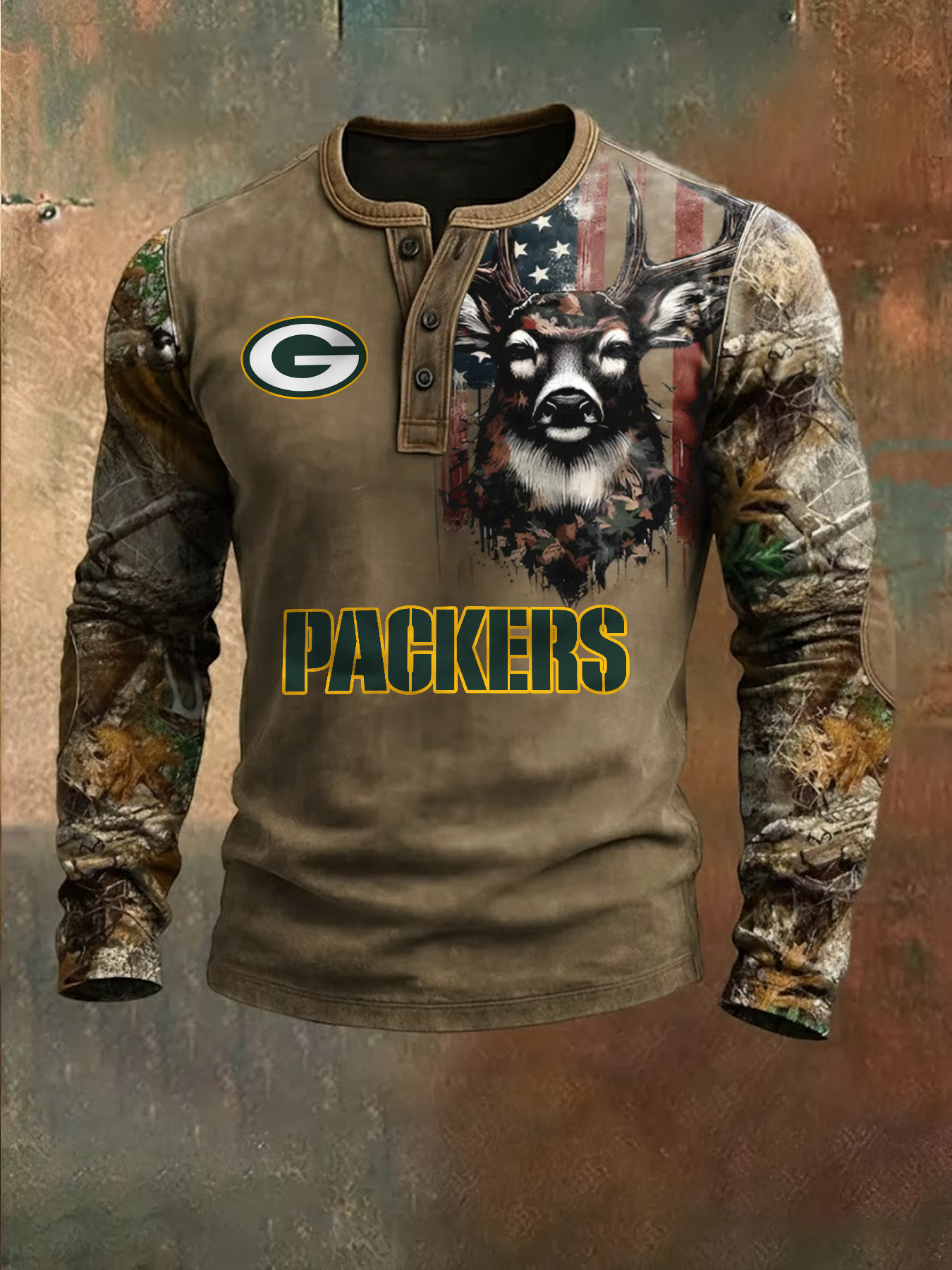 Premium NFL X GB Retro Western Deer Henley Long Sleeve Shirt NDT NHM 311225