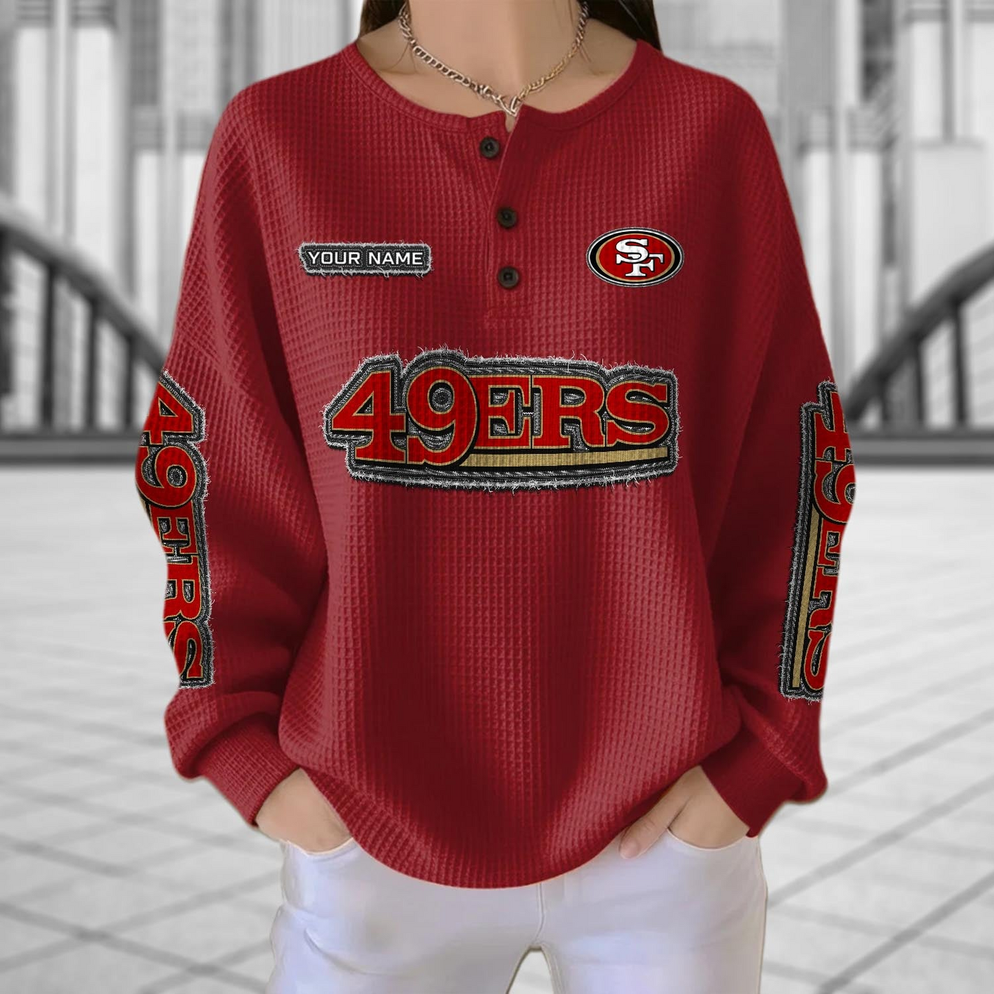 SF x NFL Personalized Waffle Knit Henley Sweatshirt 2005 DatND DVT