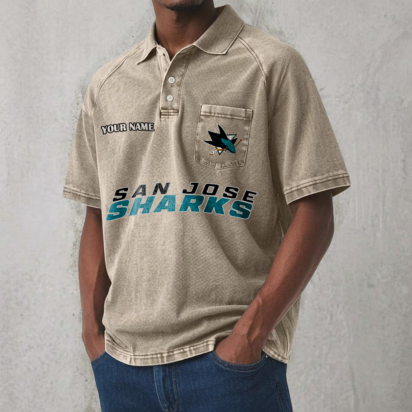 SJS x NHL Men's Distressed Turn-Down Collar Polo DATND TANTD 250526