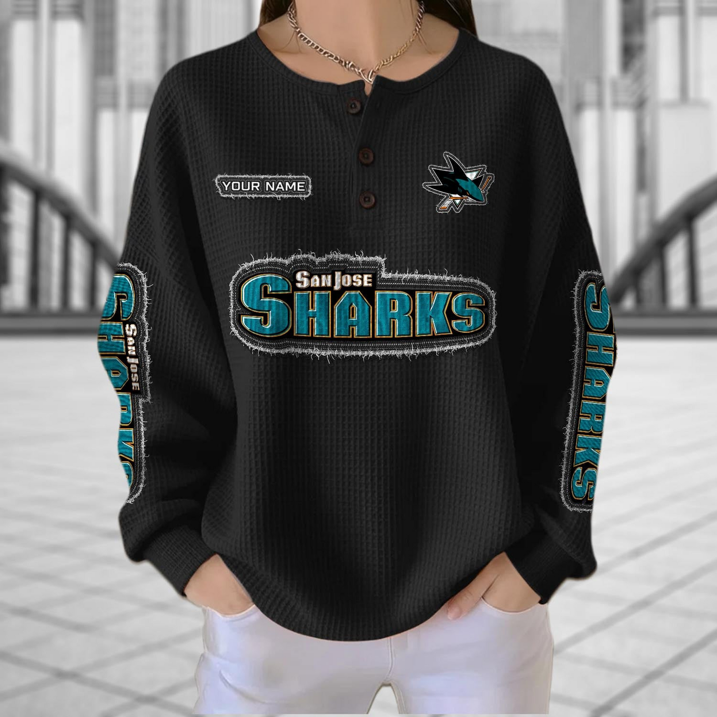 SJS x NHL Personalized Waffle Knit Henley Sweatshirt 2005 DatND DVT