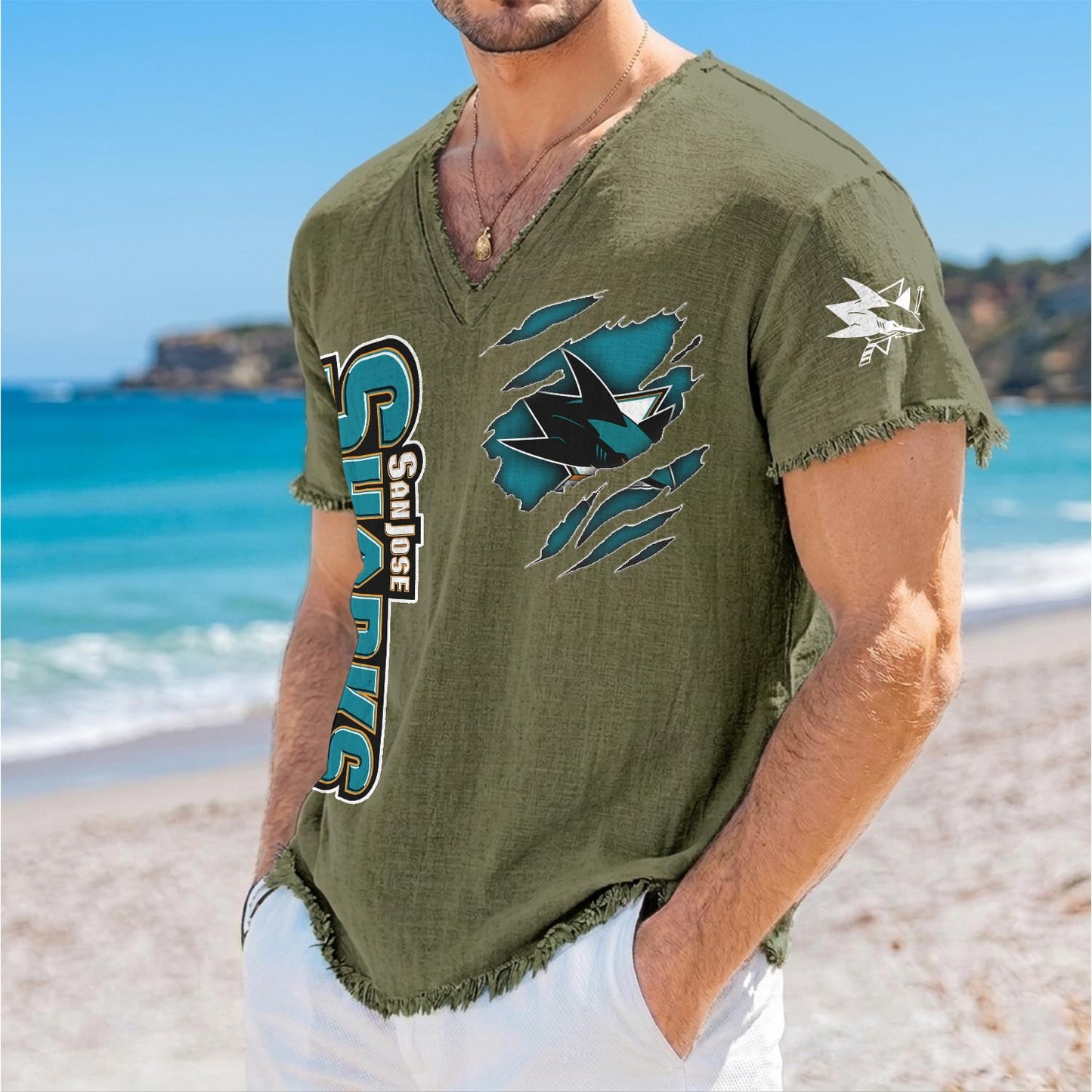 SJS x NHL V-Neck Linen Beach Shirt 1905 DatND DVT