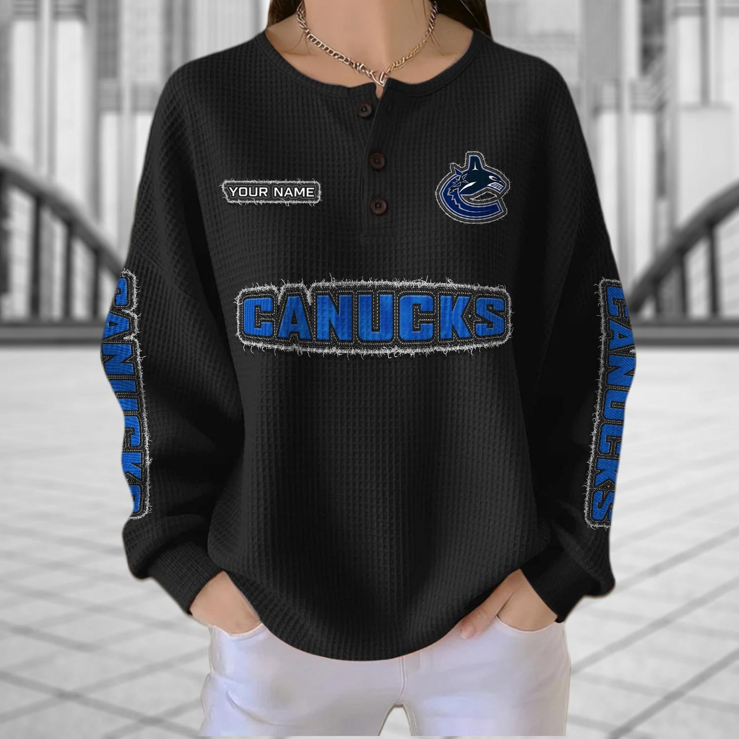VAN x NHL Personalized Waffle Knit Henley Sweatshirt 2005 DatND DVT
