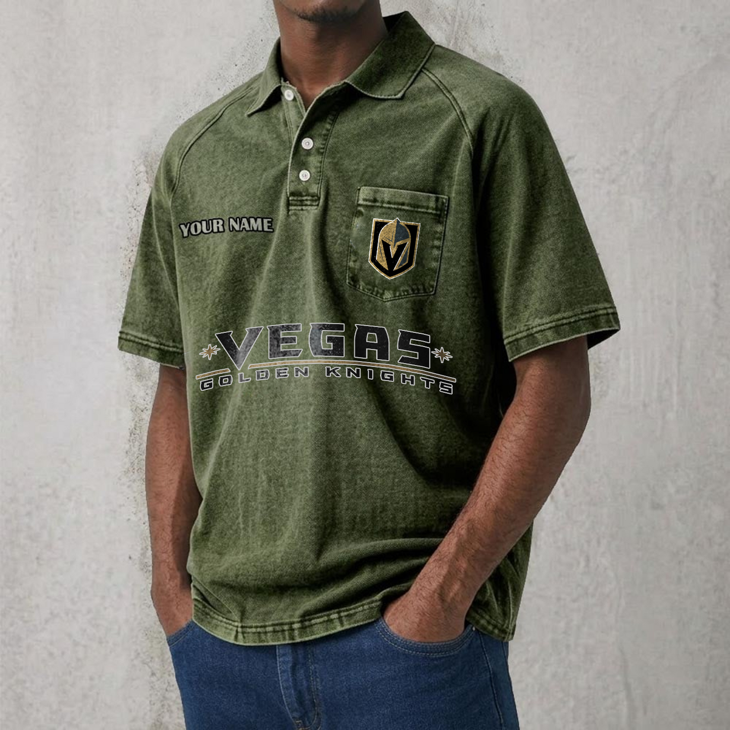 VGK x NHL Men's Distressed Turn-Down Collar Polo DATND TANTD 250526