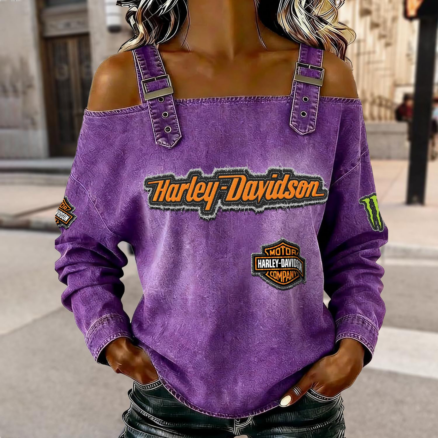 Women's HD Racing Acid Wash Off Shoulder Sweatshirt DATND TANTD 290526