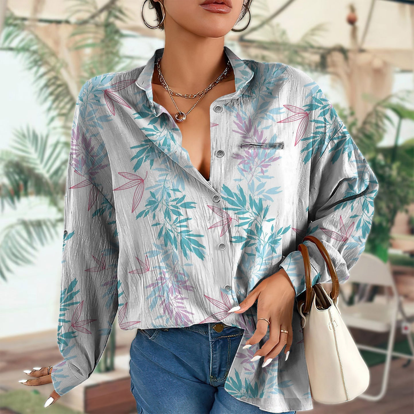 Blue Pink Tropical Leaves Summer Vertical Vintage Blouse Dress | Shirt Dress | Casual Shirt O-Neck Casual Loose Button-Down Shirt | Long Sleeve Plus Size Basic Blouse Top