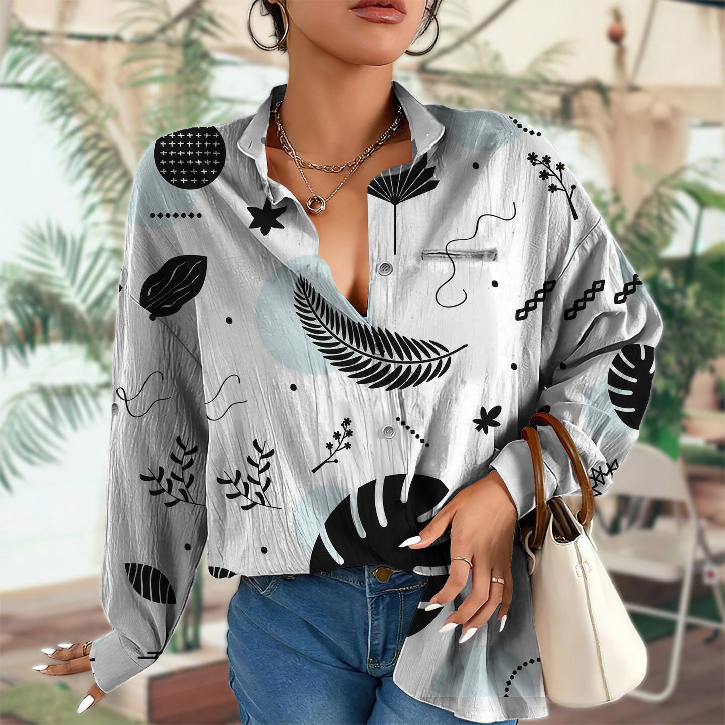 Black Silhouette Summer Tropical Leaves Pattern Vintage Blouse Dress | Shirt Dress | Casual Shirt O-Neck Casual Loose Button-Down Shirt | Long Sleeve Plus Size Basic Blouse Top