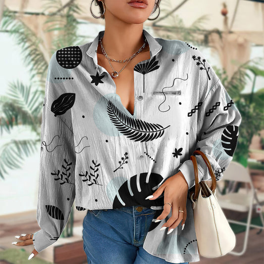 Black Silhouette Summer Tropical Leaves Pattern Vintage Blouse Dress | Shirt Dress | Casual Shirt O-Neck Casual Loose Button-Down Shirt | Long Sleeve Plus Size Basic Blouse Top