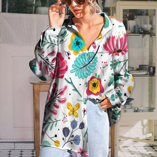 Floral Seamless Pattern Spring Summer Garden Vintage Blouse Dress | Shirt Dress | Casual Shirt O-Neck Casual Loose Button-Down Shirt | Long Sleeve Plus Size Basic Blouse Top