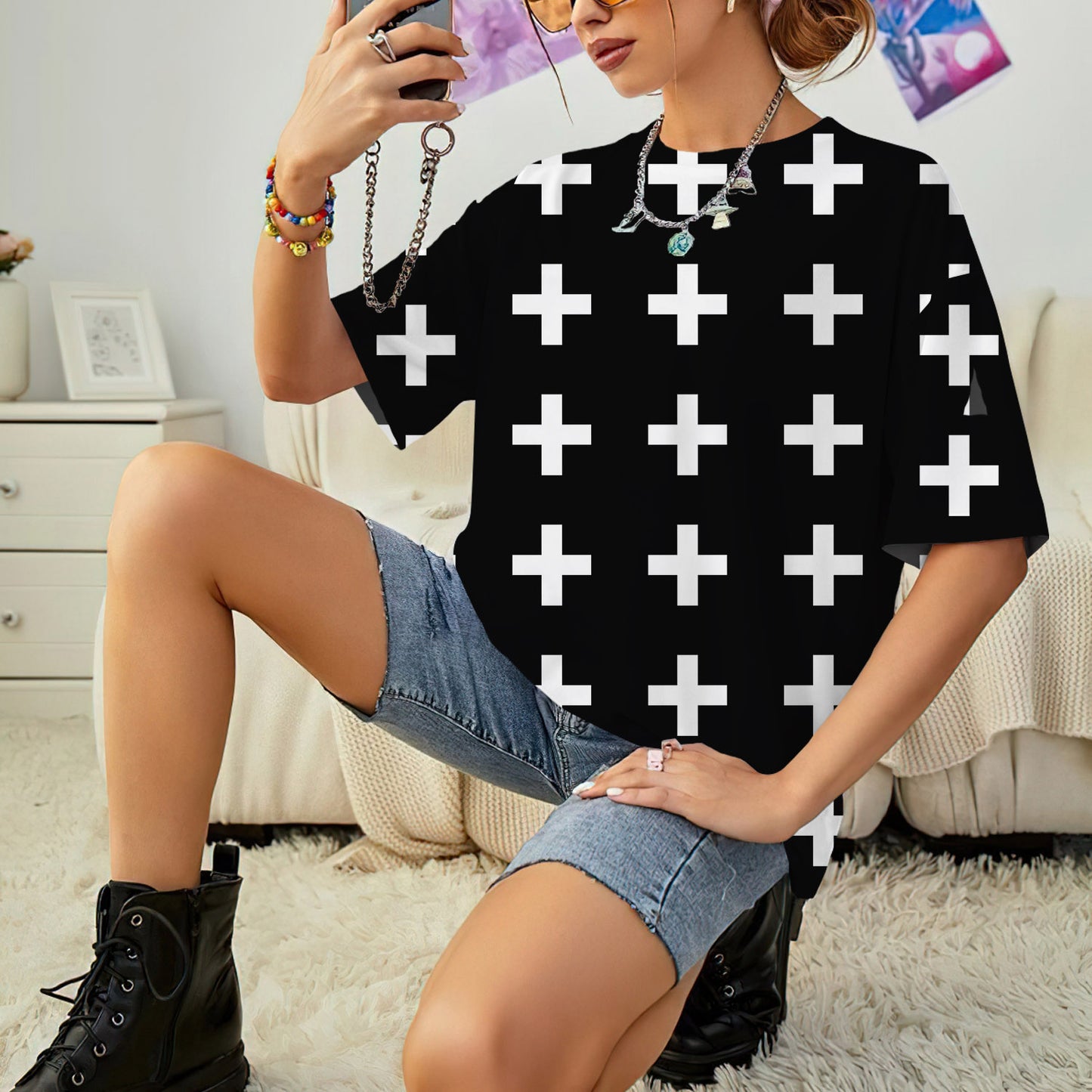 Swiss Cross Black Women T-Shirt | Custom Shirt | Printed Graphic Tees