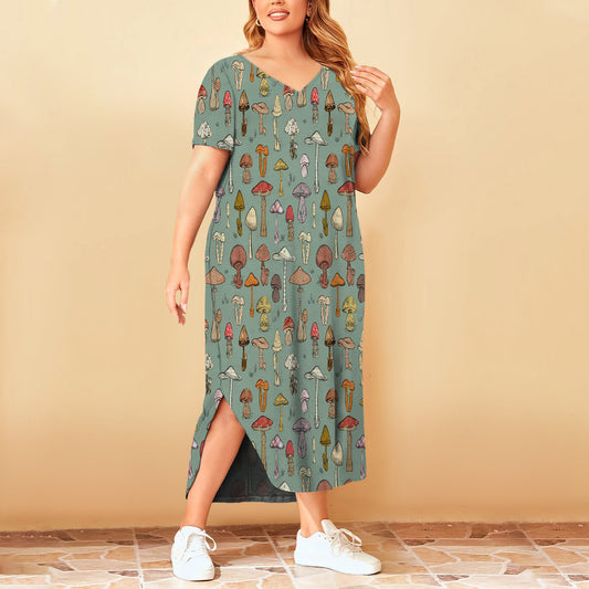 Tropical Painting Mushroom Sketch Short Sleeve Plus Size Maxi Dress | Plus Size Dress | Summer Dress