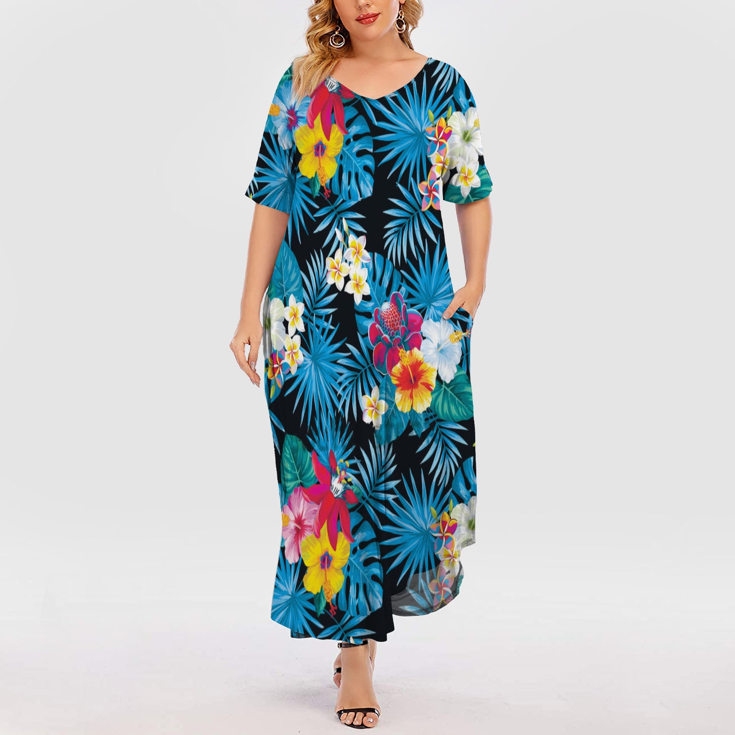 Turquoise Tropical Hawaii Short Sleeve Plus Size Maxi Dress | Plus Size Dress | Summer Dress