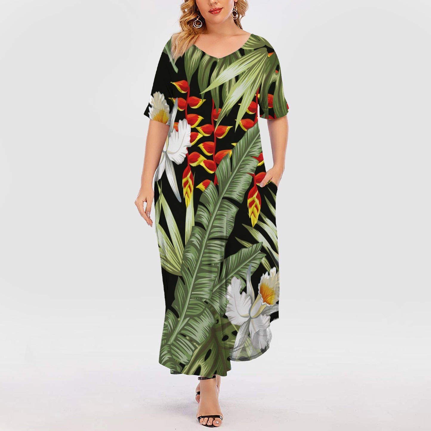 Hawaii Tropical Plants Short Sleeve Plus Size Maxi Dress | Plus Size Dress | Summer Dress