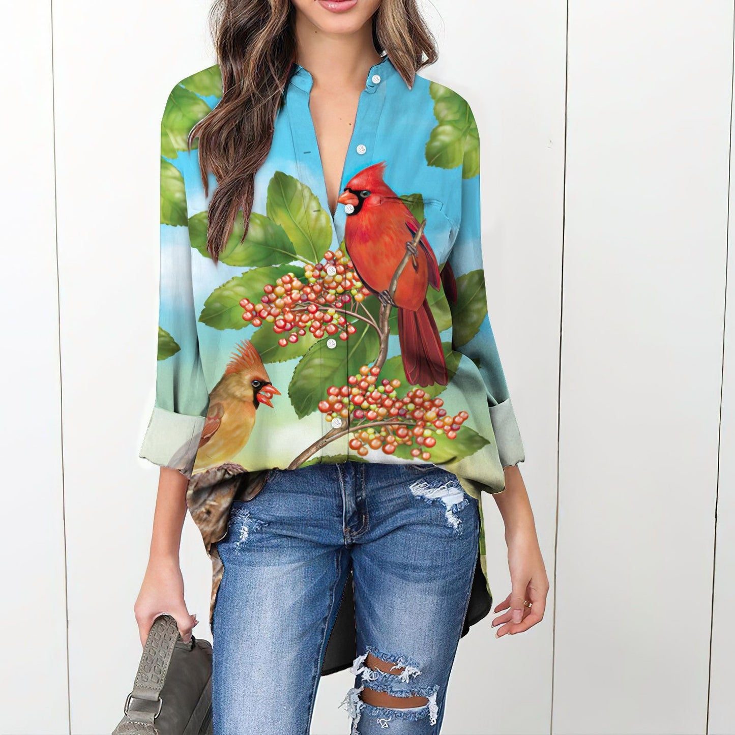 Cardinal Bird Cardinal Summert Vintage Blouse | Casual Loose Shirt | Long Sleeve Plus Size Casual Shirt