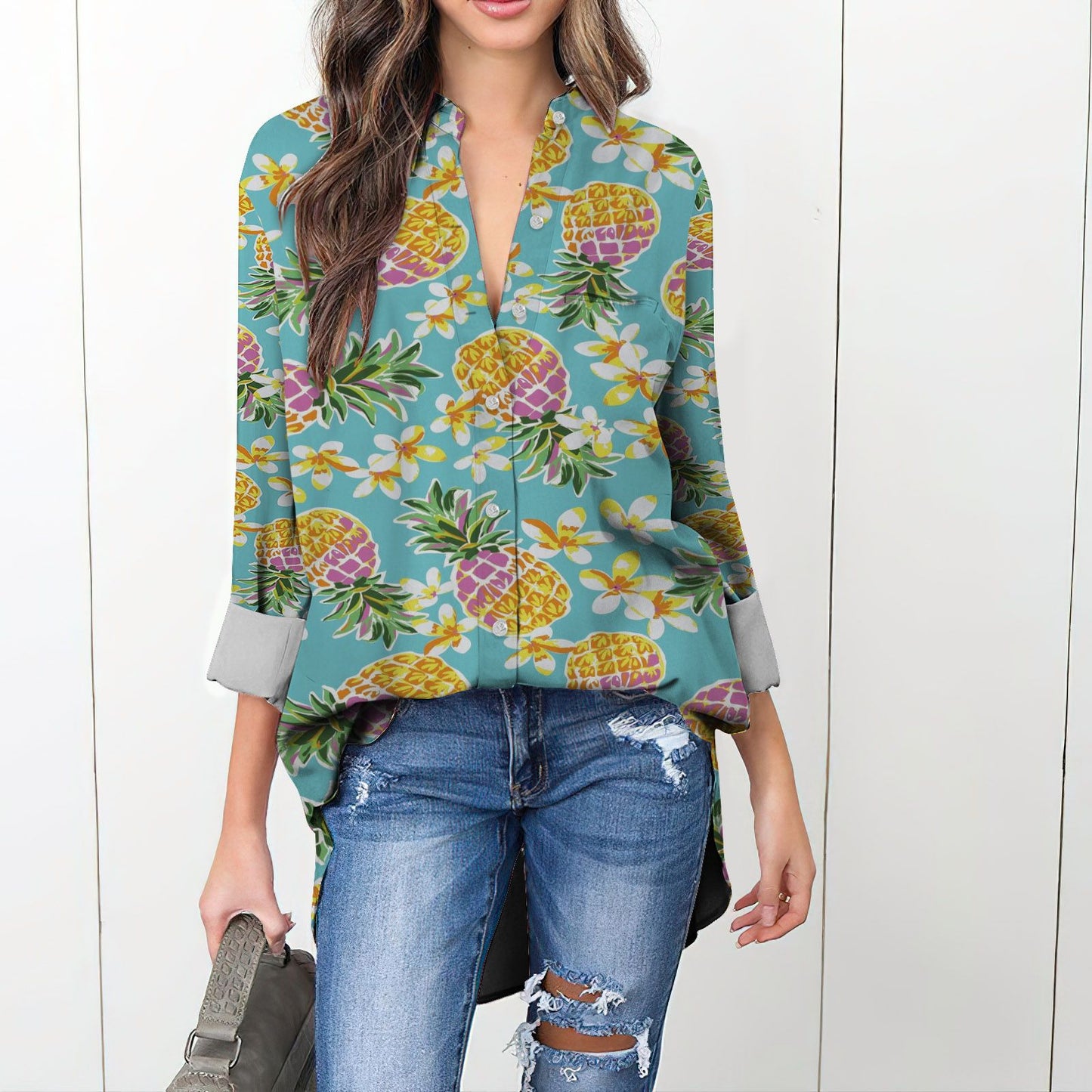 Aloha Summer Pineapple Vintage Blouse | Casual Loose Shirt | Long Sleeve Plus Size Casual Shirt