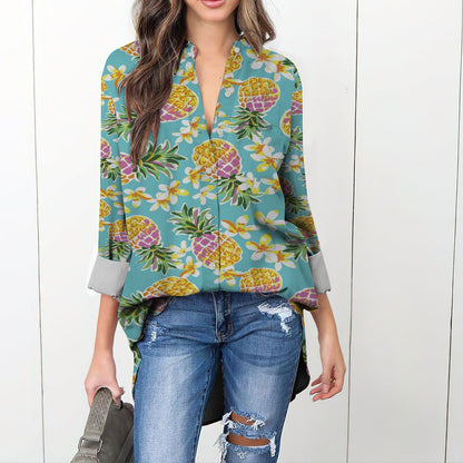 Aloha Summer Pineapple Vintage Blouse | Casual Loose Shirt | Long Sleeve Plus Size Casual Shirt
