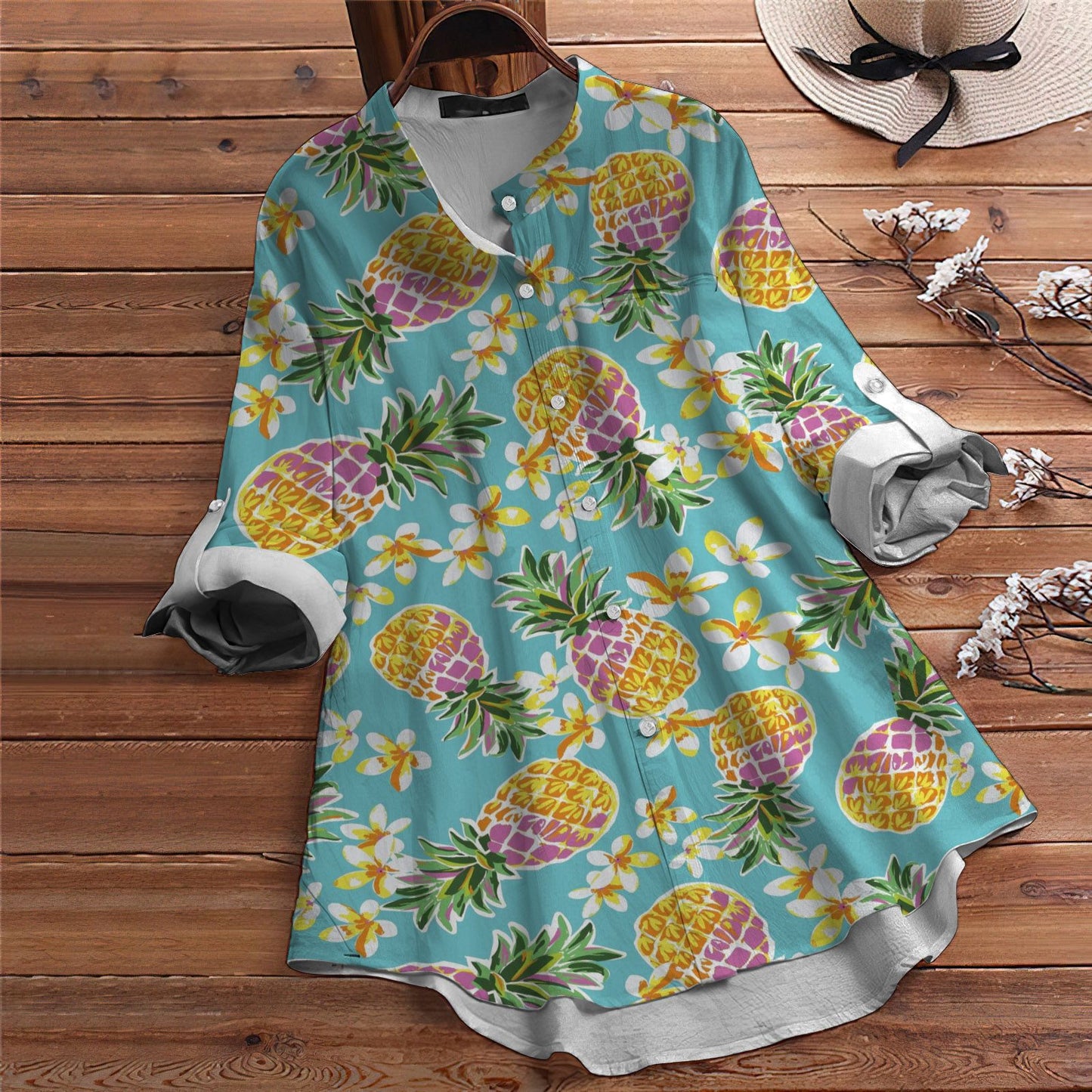 Aloha Summer Pineapple Vintage Blouse | Casual Loose Shirt | Long Sleeve Plus Size Casual Shirt