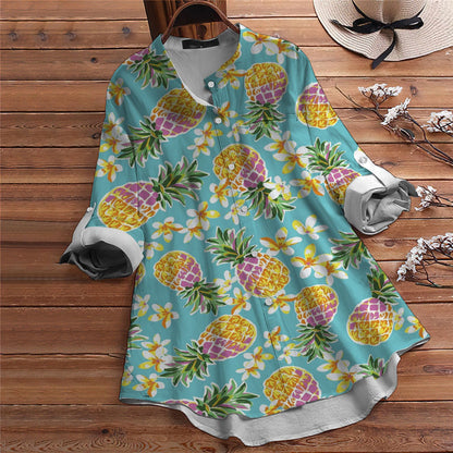 Aloha Summer Pineapple Vintage Blouse | Casual Loose Shirt | Long Sleeve Plus Size Casual Shirt