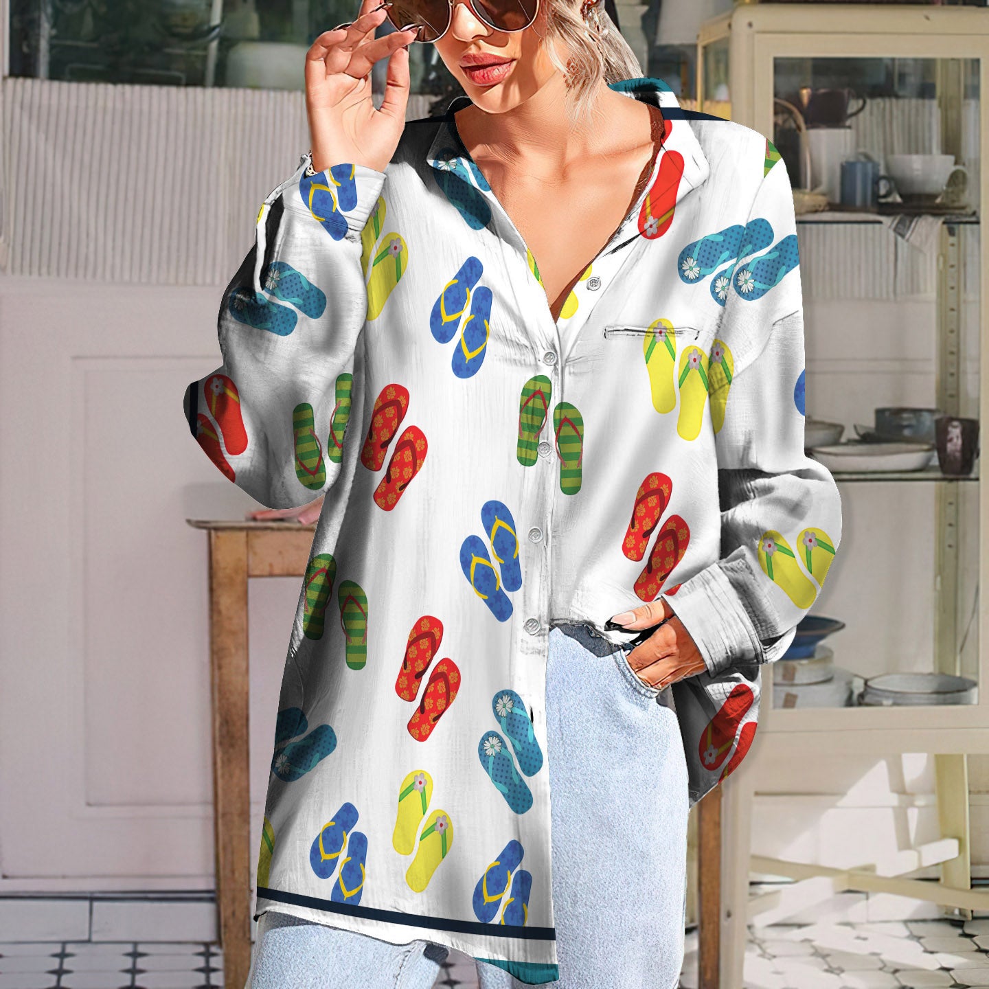 Summer Flip Flop Vintage Blouse | Casual Loose Shirt | Long Sleeve Plus Size Casual Shirt