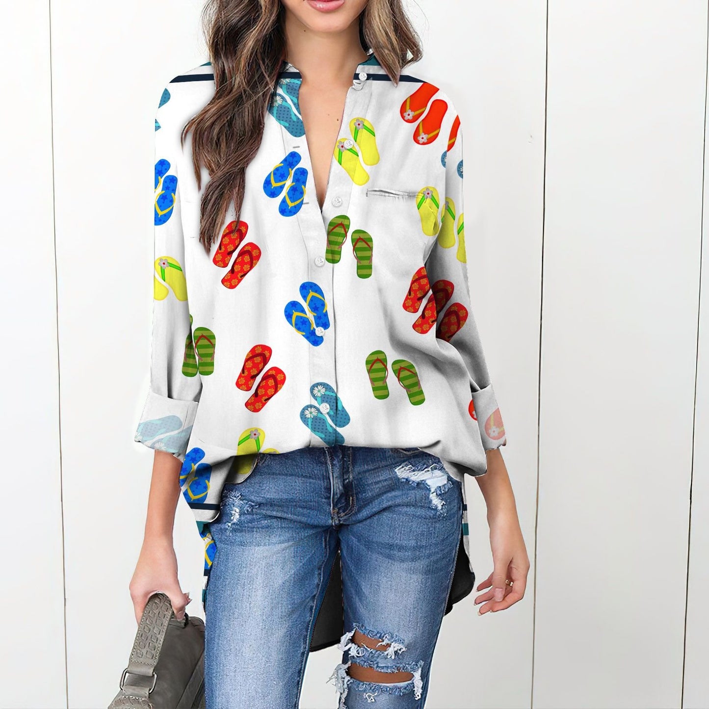 Summer Flip Flop Vintage Blouse | Casual Loose Shirt | Long Sleeve Plus Size Casual Shirt