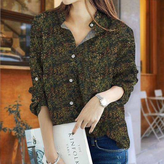 Unicorn Floral Summer Night Vintage Blouse | Casual Loose Shirt | Long Sleeve Plus Size Casual Shirt