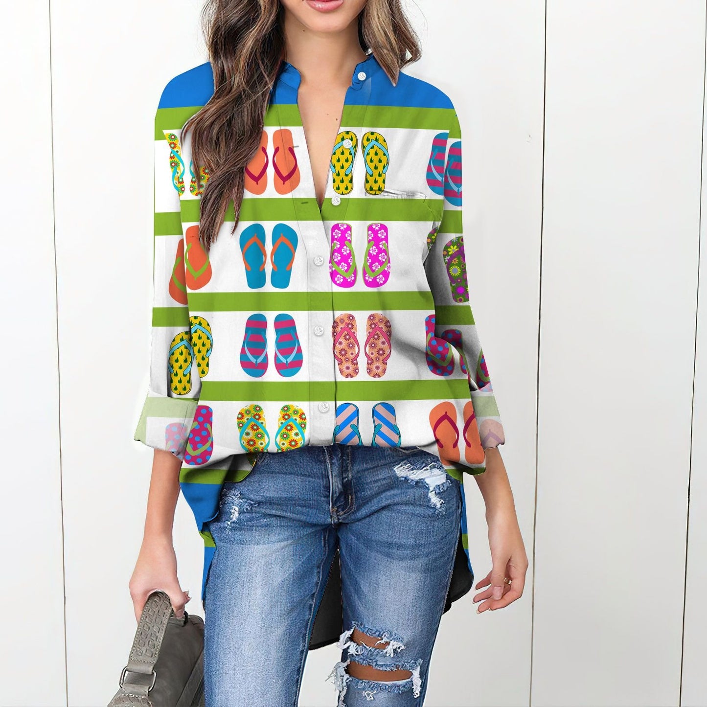 Summer Flip Flops Vintage Blouse | Casual Loose Shirt | Long Sleeve Plus Size Casual Shirt