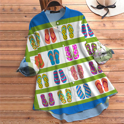 Summer Flip Flops Vintage Blouse | Casual Loose Shirt | Long Sleeve Plus Size Casual Shirt