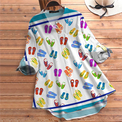 Summer Flip Flop Vintage Blouse | Casual Loose Shirt | Long Sleeve Plus Size Casual Shirt