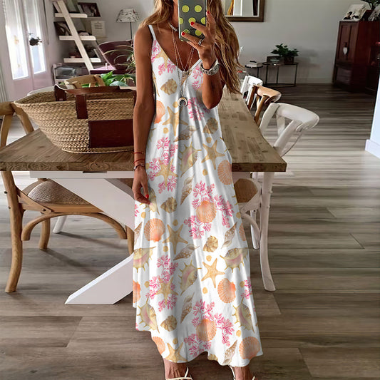 Coral Seashell Beach Sleeveless Maxi Dress | Women Summer Dress | Sundress
