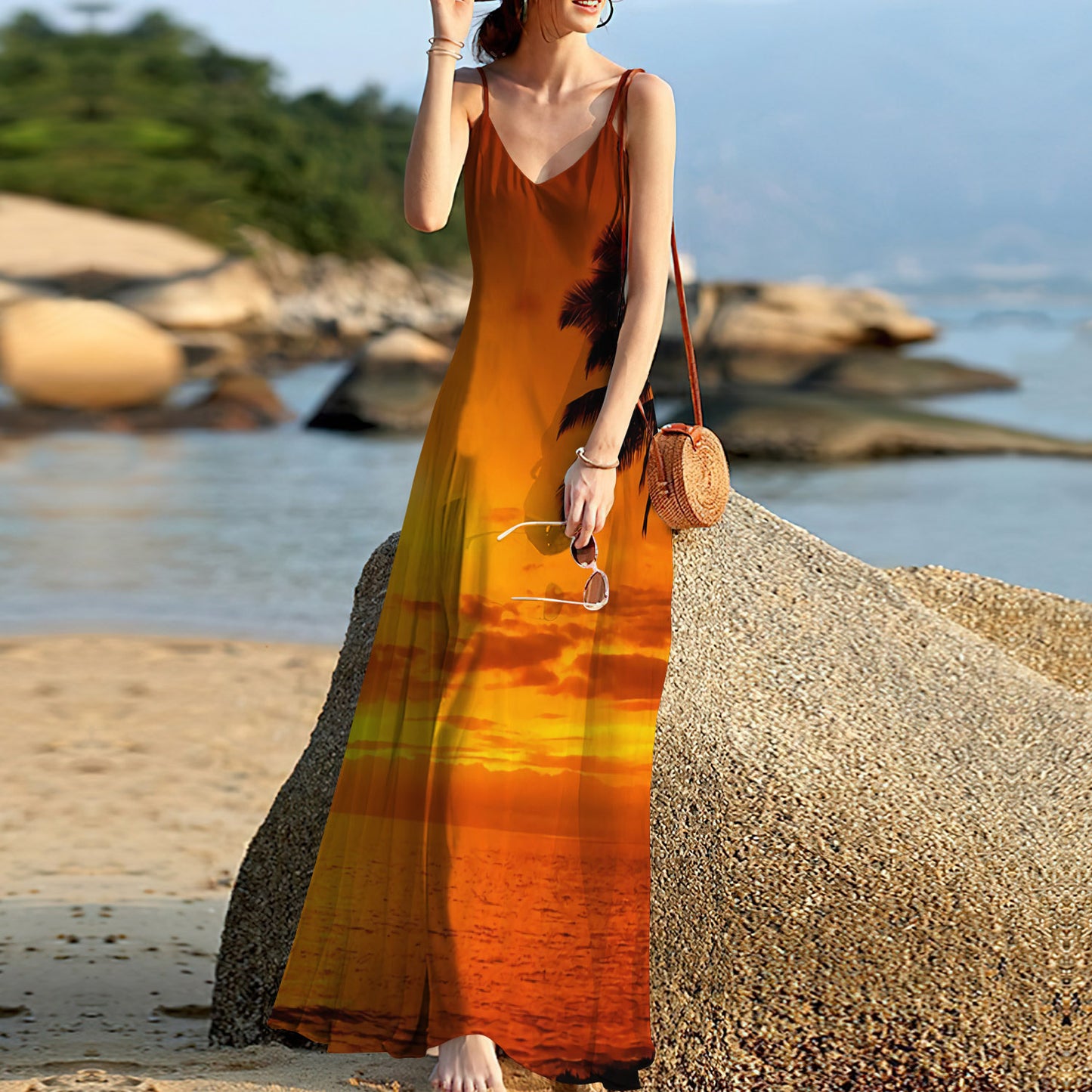 Tropical Island Beach Sunset Sleeveless Maxi Dress | Women Summer Dress | Sundress