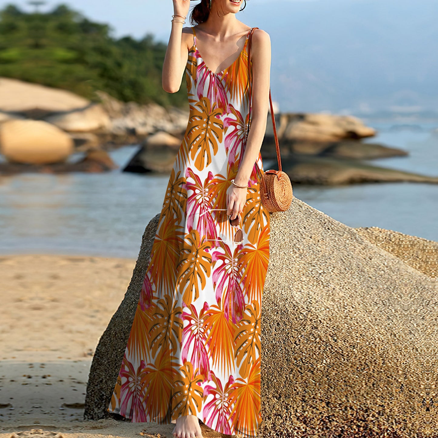 South Beach Tropical Pink And Orange Sleeveless Maxi Dress | Women Summer Dress | Sundress