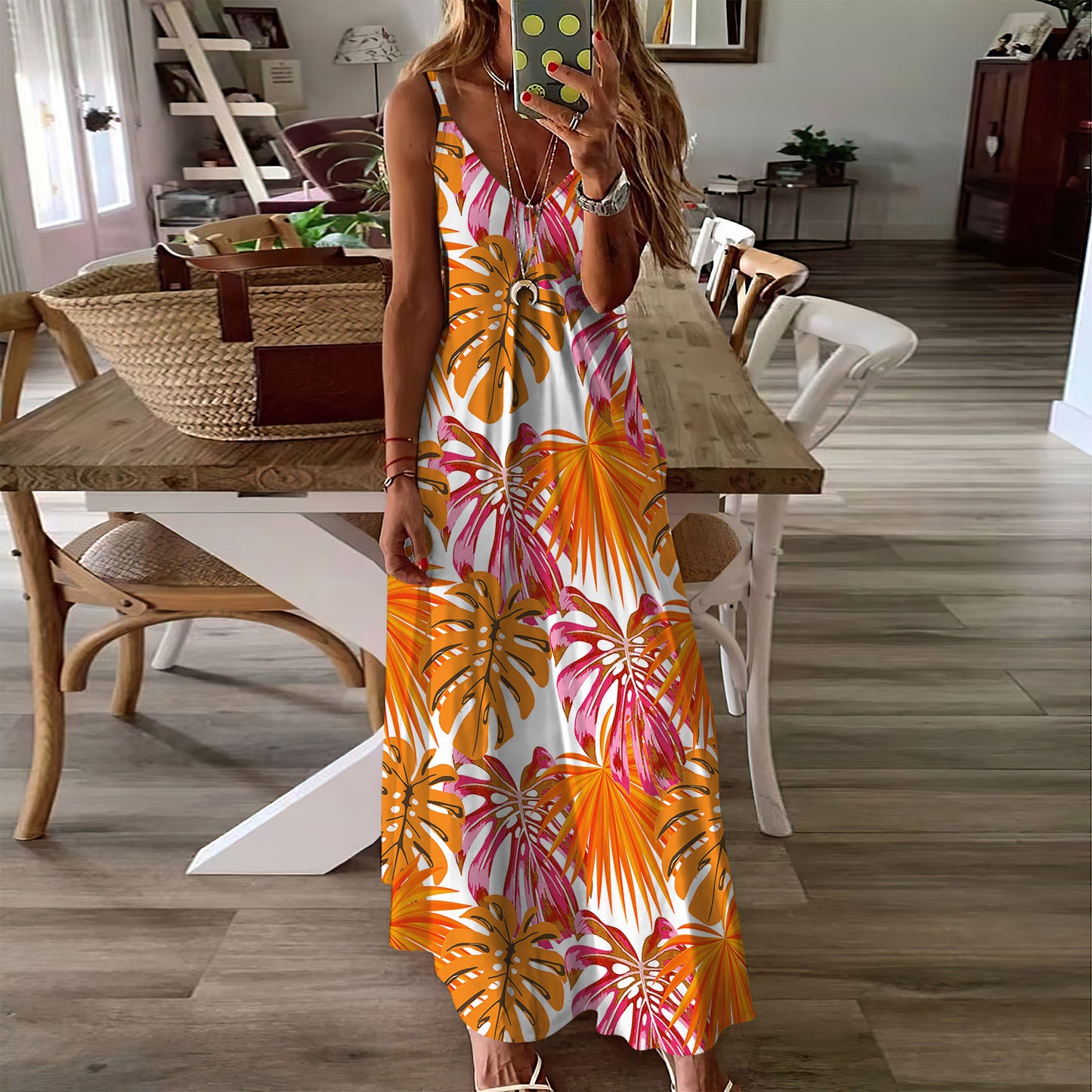 South Beach Tropical Pink And Orange Sleeveless Maxi Dress | Women Summer Dress | Sundress