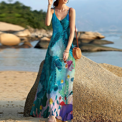 Sea Turtle Beach Sleeveless Maxi Dress | Women Summer Dress | Sundress