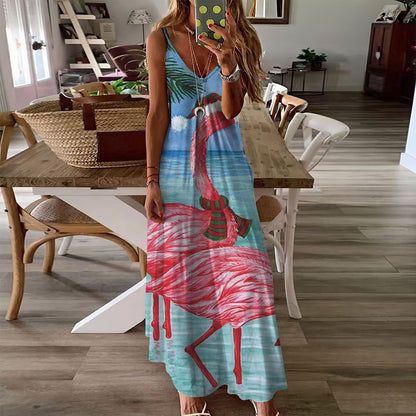 Flamingo Christmas Beach Sleeveless Maxi Dress | Women Summer Dress | Sundress