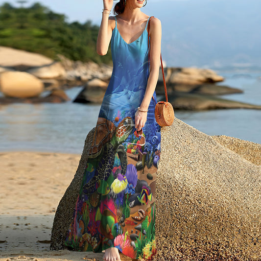 Sea Turtle Beach Sleeveless Maxi Dress | Women Summer Dress | Sundress