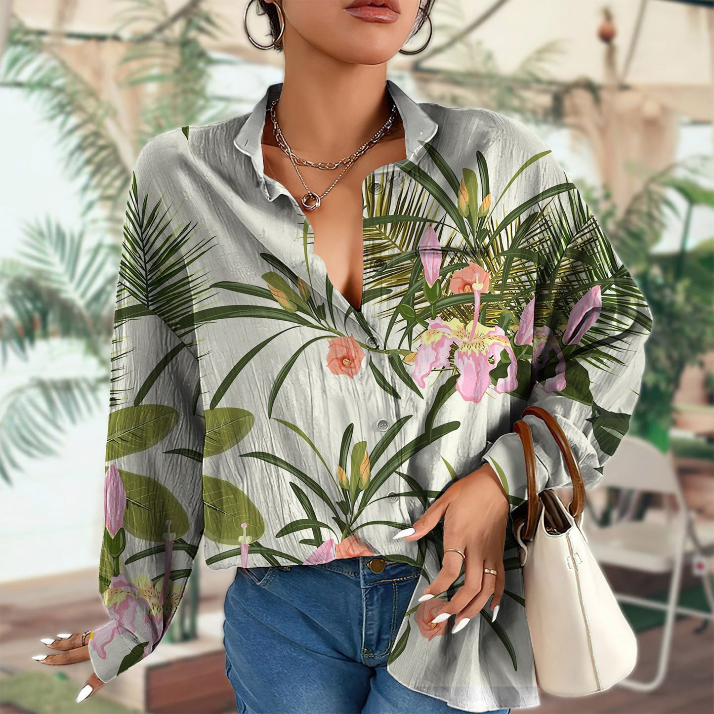 Beach Summer Hawaiian Seamless Patternize Vintage Blouse | Casual Loose Shirt | Long Sleeve Plus Size Casual Shirt