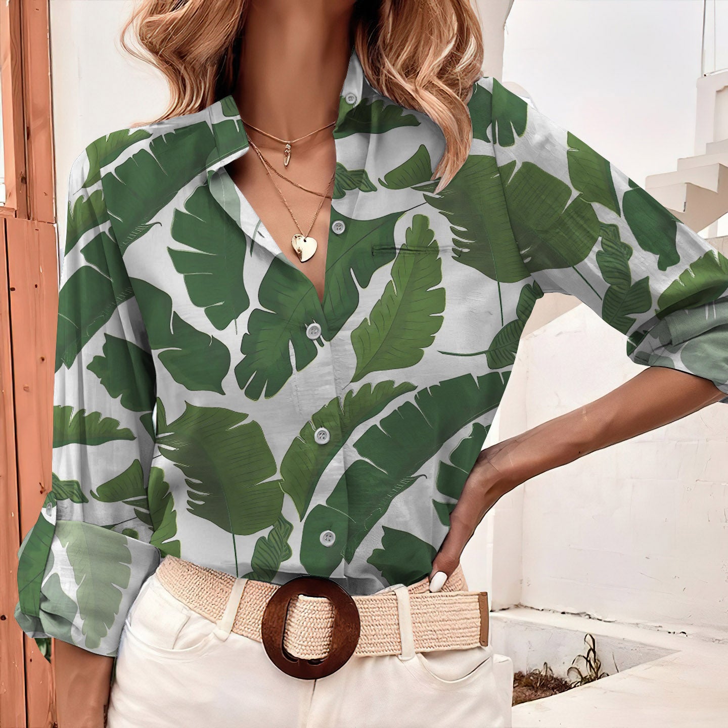 Summer Tropical Palm Leaf Paradise Pattern Exotic Vintage Blouse | Casual Loose Shirt | Long Sleeve Plus Size Casual Shirt